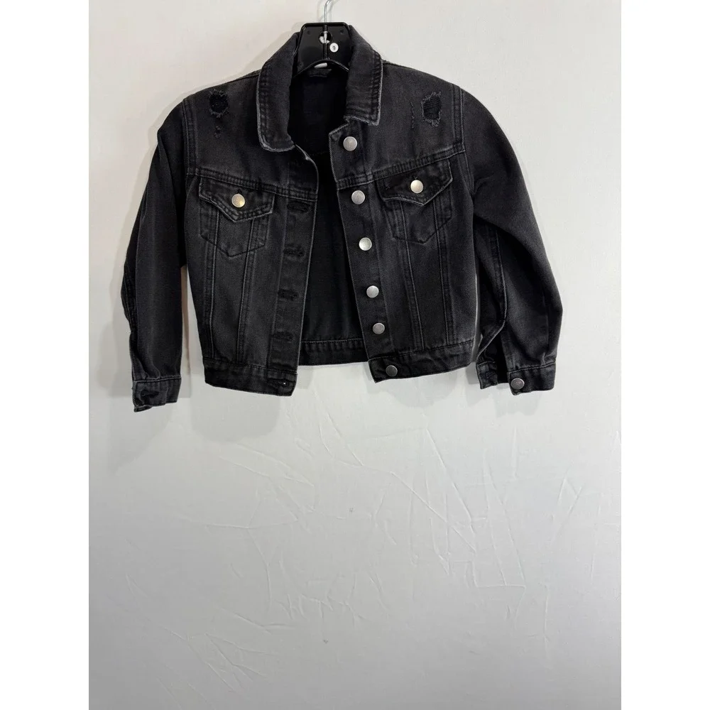 Franki by Francesca's Girls Washed Black‎ Distressed Denim Jacket Size 7 Cropped